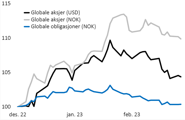 Bilde av graf som viser gobale aksjer (USD) mot globale aksjer (NOK), der globale aksjer (NOK) ligger over globale aksjer (USD) mellom januar og februar. 